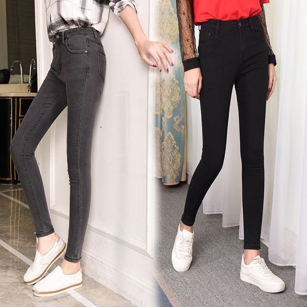 

women high waist jeans plus size skinny gray black blue pencil pant