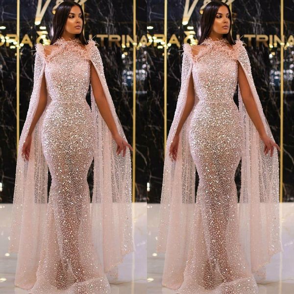 Ver Através da sereia Vestidos de baile com Cabo lantejoulas pena Illusion Evening vestidos 2020 Custom Made vestido da celebridade