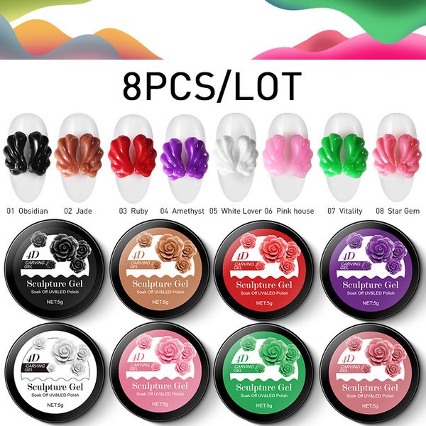 

modelones 8pcs/lot 4d sculpture gel set craved pattern uv gel nail varnish semi permanent painting modelling uv hybrid, Red;pink