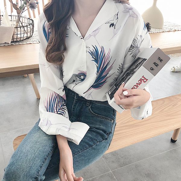 

women's blouses & shirts 2021 high collar blouse fashion ladies floral long sleeve casual shirt loose printed neck, White