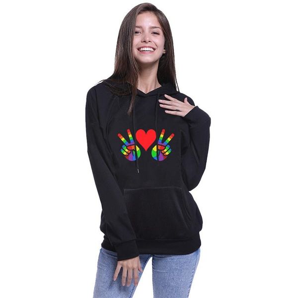 

rainbow victory sign printed pullover hoodie womens short hoodies new popular designer couples apparel lgbt famous hoodie, Black