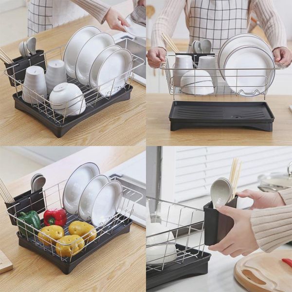 

stainless steel dish drainer drying rack with 3-piece set removable rust proof utensil holde for kitchen counter storage rack