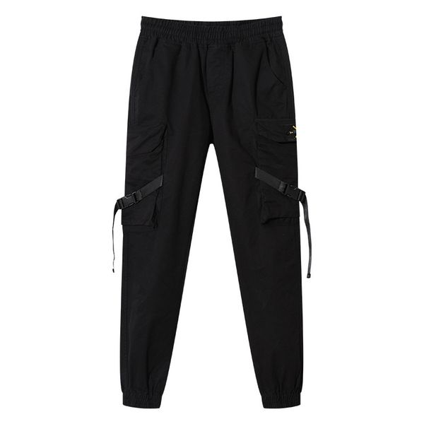 

fashion multi pocket pants men silk ribbon black color hip hop pants men casual wear high street pants male