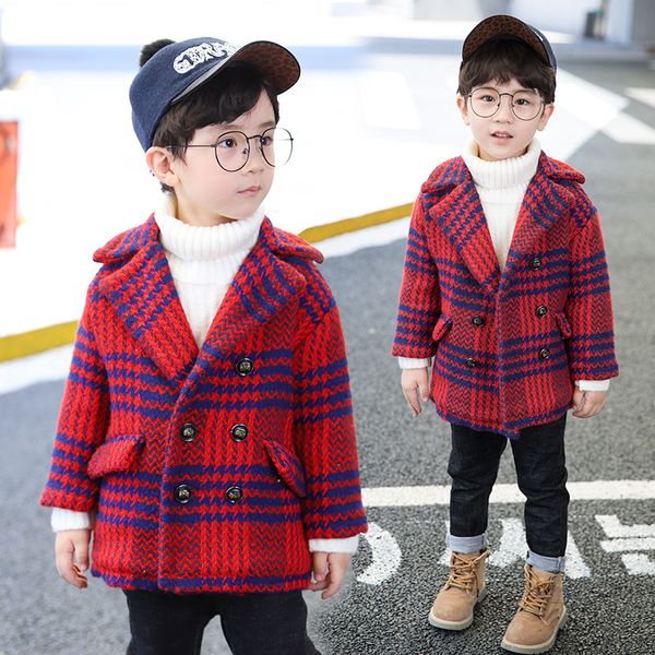 

Children's clothing plaid jacket autumn and winter clothing new big children's casual long woolen coat, Red