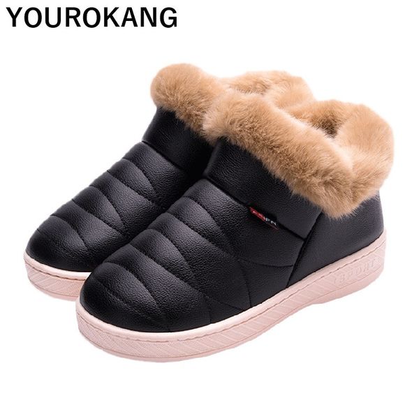 

winter men shoes warm plush waterproof ankle boots soft cotton pu leather couple snow boots lovers plus size furry home slippers, Black