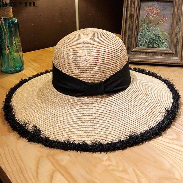 

elegant black fringe brim band women summer hat silk tie upf sun hat beach ladies wide brim fedora travel 55-59cm, Blue;gray