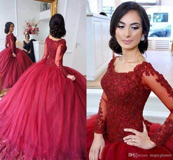 New Dark Red Puffy Ball Ago Ago Abiti Quinceanera Abiti Scoop Neck Maniche Lunghe in pizzo Applique Beaded Sweet 15 Party Prom Pageant Abiti da sera