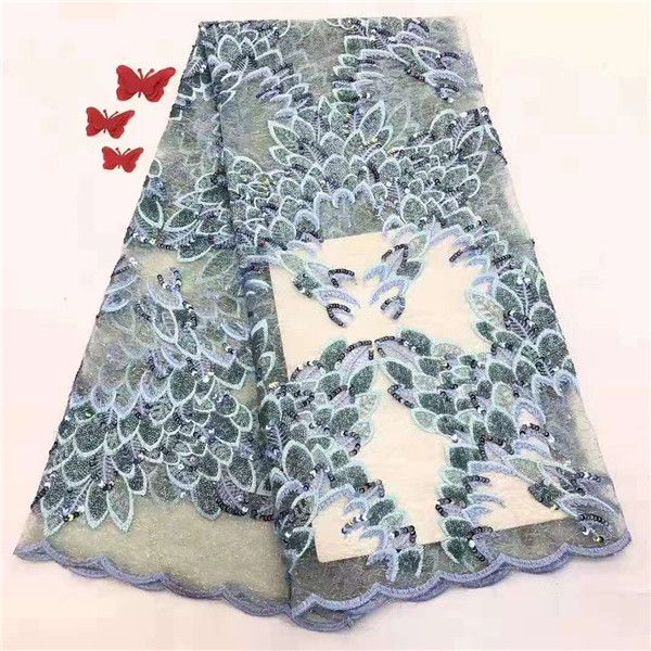

fashion african lace fabric with sequins 2019 new french nigerian mesh lace fabric for bridal dress 5 yards, Pink;blue