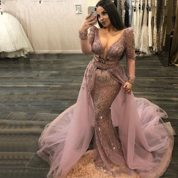 

sparkly русалка пром платья sexy глубокий v шеи sheer с длинным рукавом вечерние платья блестки иллюзия бисером женщины формальное overskirt, Black