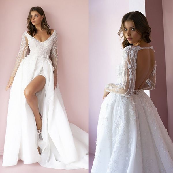 

pallas couture свадебные платья 2020 v образным вырезом с длинными рукавами кружева аппликации бусы свадебные платья спинки развертки поезд, White