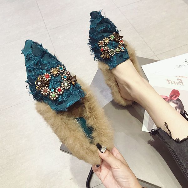 

baotou half slippers colorful adornment metal buckle pointed toe fur muller shoes 2019 autumn and winter wear fashion shoes, Black