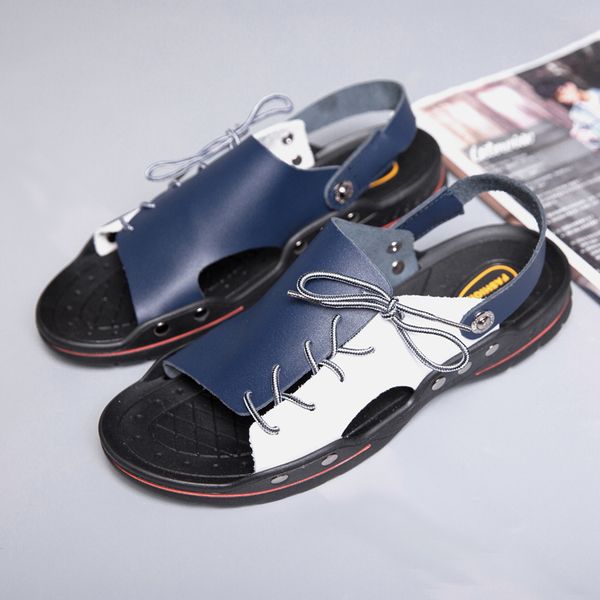 

breathable mens shoes split leather men sandals summer men shoes beach breathable gladiator sandals for leisure slipper, Black
