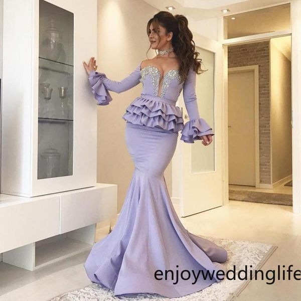 Lila / Lavanta Mermaid Abiye Peplum Yorgun Boncuk Sequins Uzun Kollu Sheer Boyun Balo Elbise Saten Pageant Abiye Arapça Dubai