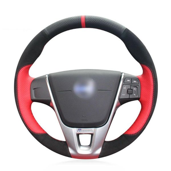 

for volvo v70 2014 xc60 v40 steering wheel cover black red leather hand-sewn