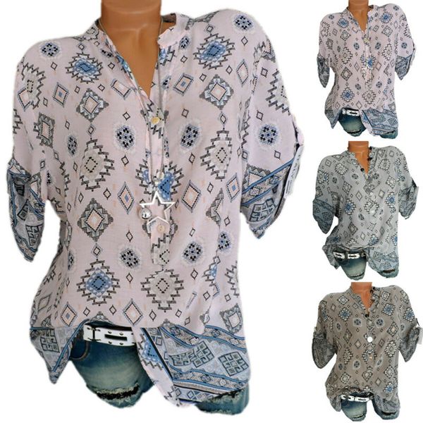 

women printed v neck button short sleeve summer loose casual t-shirt blouse, White
