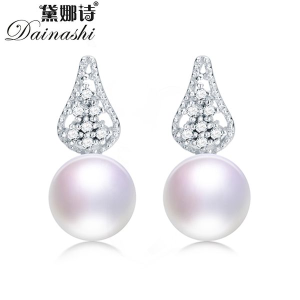

dainashi 100% genuine freshwater pearl earrings fine jewelry elegant 925 sterling silver leaf zircon stud earrings for women, Golden;silver