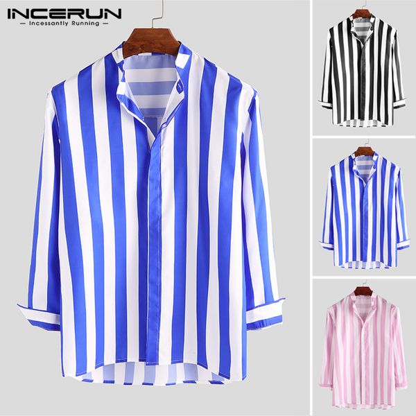 

incerun fashion striped shirt men long sleeve brand button stand collar camisa chic streetwear breathable casual men dress shirt, White;black