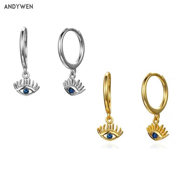 

andywen 925 sterling silver mini 8.5mm eye pendiente circle hoops earring small dangle women round crystal luxury jewelry, Golden;silver