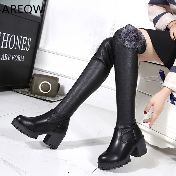 

2019 fashion women's boots spring winter over the knee high heels pu long paragraph comfortable thick with sleeve women's boots, Black
