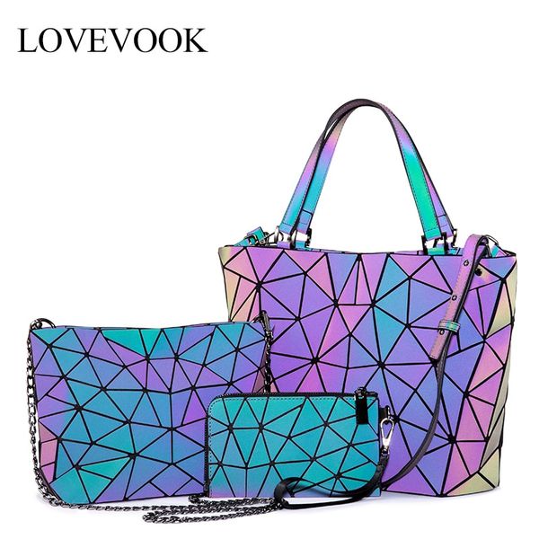 

lovevook women handbags 3 pcs bag set crossbody bags for women 2019 geometric luminous shoulder bag female purse and wallet tote