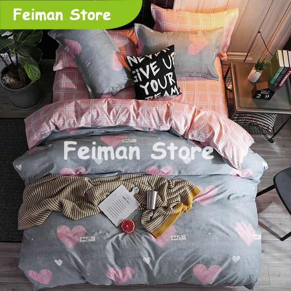 

2019 new home bedding grey heart duvet cover set super king bedclothes stripe flat sheet adults bedding cotton set bed linen