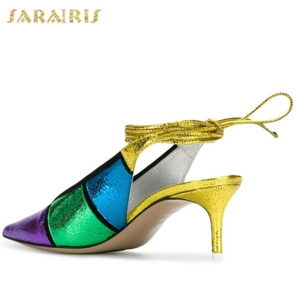 

sarairis 2020 new design genuine leather sheepskin thin heels summer sandals woman shoes mix color lace-up shoes women sandals, Black