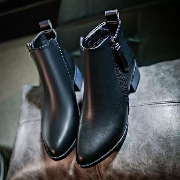 

fashion pointed shoes pure color toe zipper boots square heels vintage women shallow mouth high-heeled shoes woman single, Black