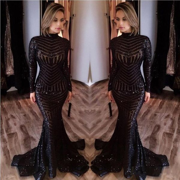 

2019 michael costello evening dresses bling bling black sequins high neck long sleeve mermaid celebrity party gowns pageant prom dress, Black;red