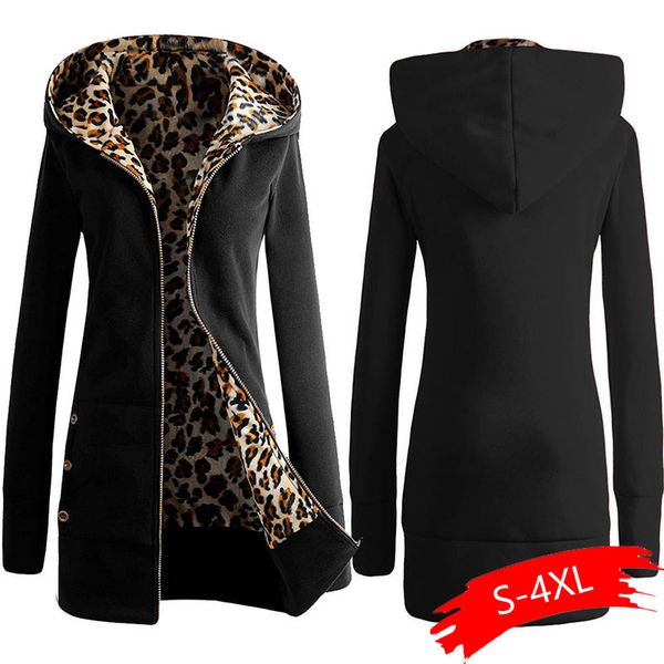 

леопардовые толстовки женщина зима плюс размер пальто толстые твердые silm одежда для женщин причинно зимняя длинная толстовка женское пальт, Black
