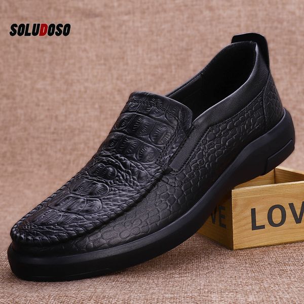 

business casual men's genuine leather shoes breathable round toe lazy shoes british crocodile pattern loafer m2332, Black