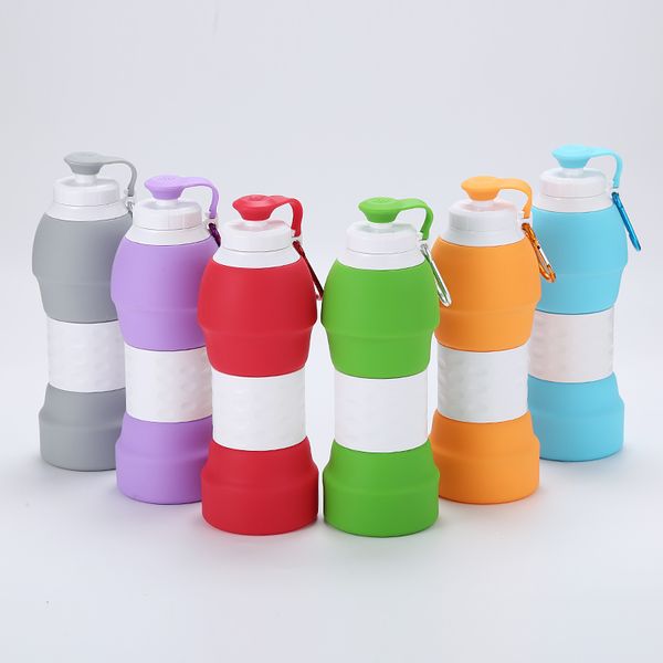 7 Farben 580 ml 20 oz BPA-freie faltbare Silikon-Wasserflasche, einziehbar, faltbar, für Reisen, Trinken, Sport, Wasserflaschen, Tassen, FDA-Lebensmittelqualität