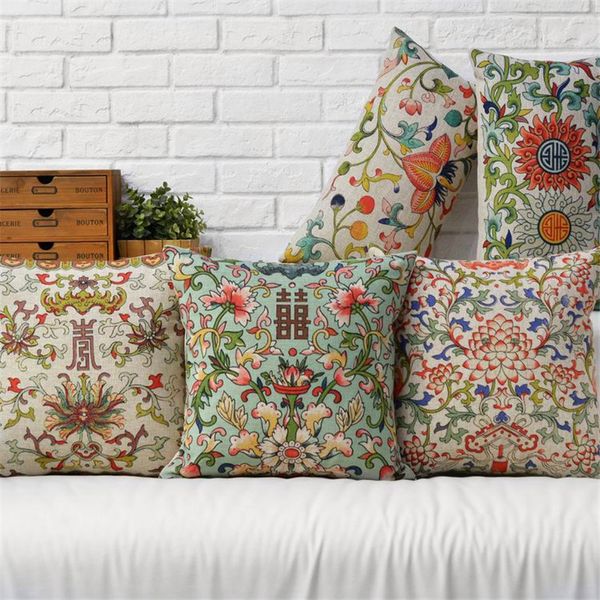 

chinese vintage style geometric flowers printed cushion cover home decorative sofa car chair throw pillow case almofada cojines