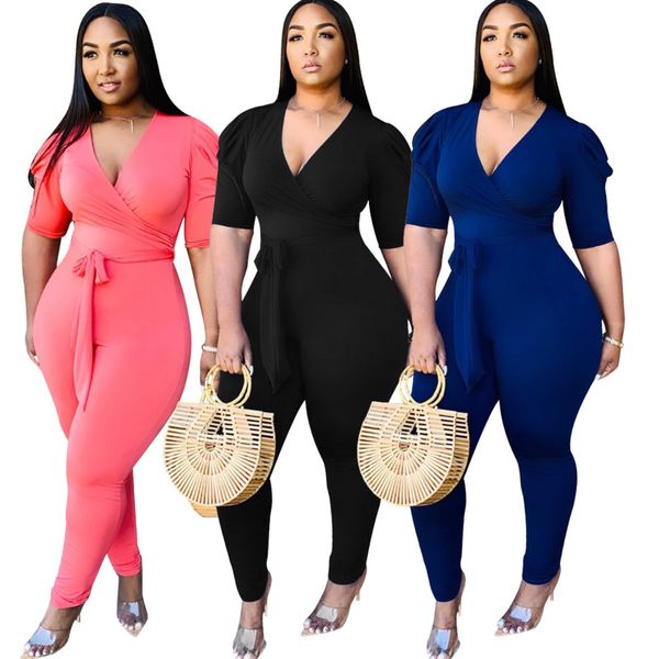 

lace up elegant puff sleeve jumpsuits women work office 2020 v-neck bandage playsuit club party bodycon one piece overalls, Black;white