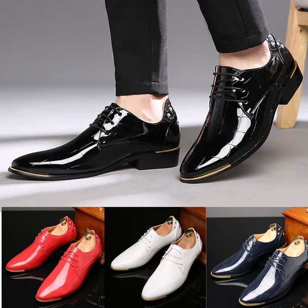 

tide canvas shoes men leather shoes business pointed paint leather bright fashion loafers510, Black