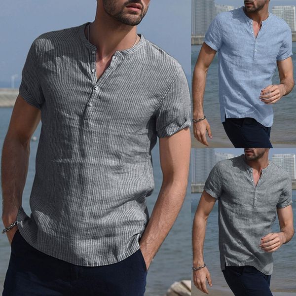 

short sleeve shirts men streetwear camisa 2019 men's baggy cotton blend striped stand collar short sleeve shirts blouse -3xl, White;black