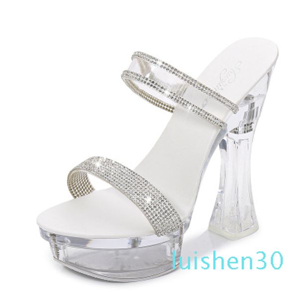 

square heel transparent ultra high heel 14cm thick summer female waterproof platform water diamond model female slippe l30, Black