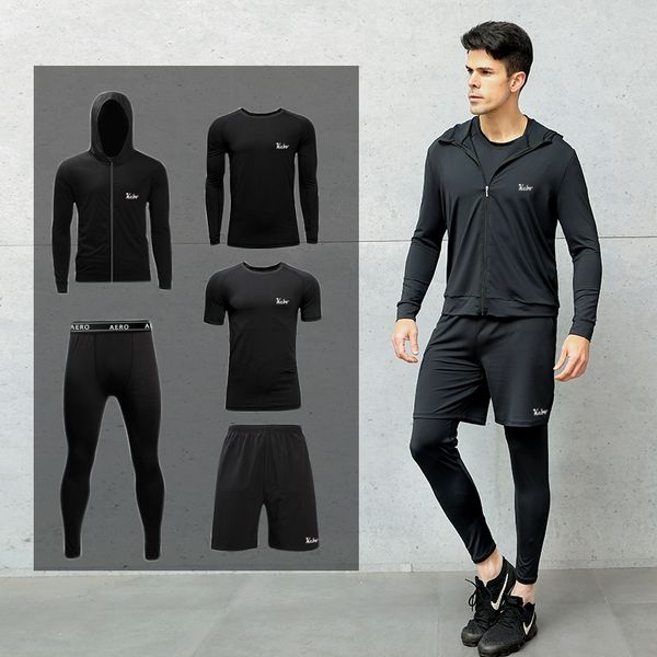 

2020 5pcs / set men's gym workout sports suit fitness compression clothes running jogging sport wear exercise workout tights, White;black