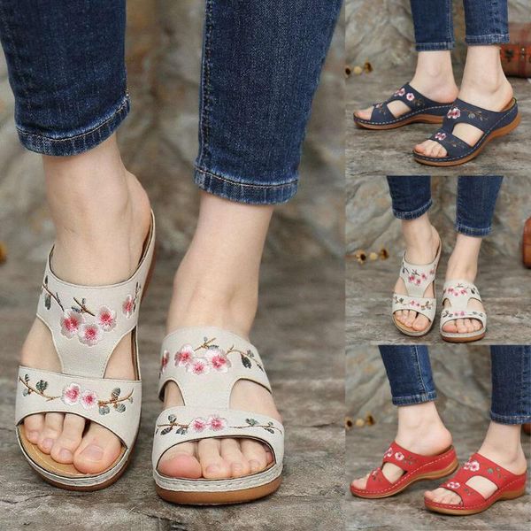 

sagace women's sandals fashion wedge heel embroidery flower pu leather sandals slippers ladies roman slippers shoes, Black