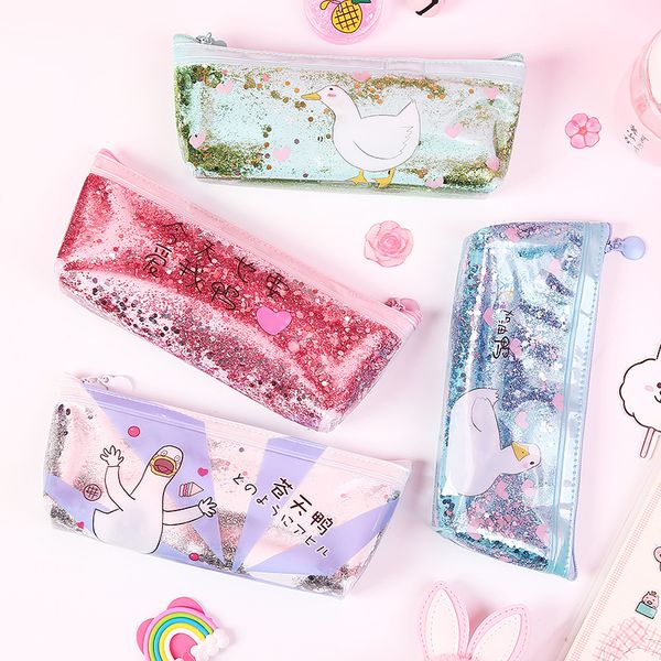 

creative quicksand pencil case green duck kawaii stationery bag blue sequin large capacity pencil box student school supplies