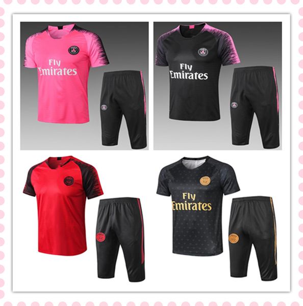 

19 20 men soccer short sleeve 3/4 pants training tracksuits 2019 mens football short sleeve 3/4 pants tracksuit survÃªtement de football, Black