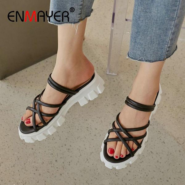 

enmayer 2020 summer genuine leather sandals women casual buckle strap solid sewing gladiator sandals women fashion shoes, Black