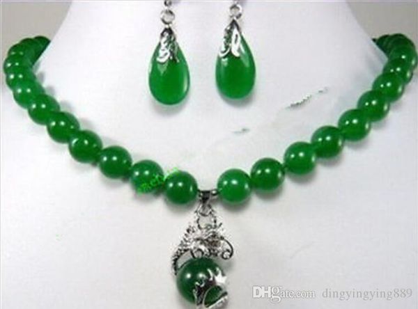 jóias Jóia bonita 10 milímetros verde jade brinco pingente de dragão Colar set18K banhado a ouro assistir atacado