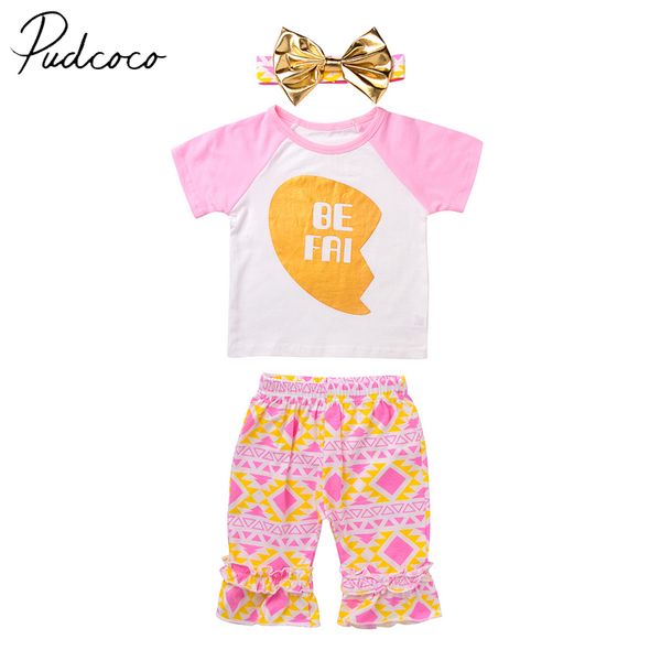 

pudcoco бренд хлопчатобумажная смесь малышей дети детская одежда девушки с коротким рукавом футболки топы цветочные рябить брюки наряды 1-6, White