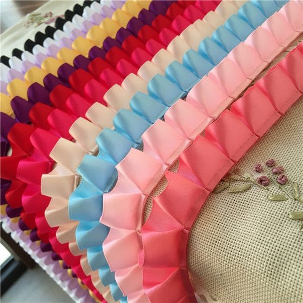 

5 yards pink white black satin pleated lace trim 2.5cm wide ruffled lace ribbon trim diy costume sewing supplies, Pink;blue