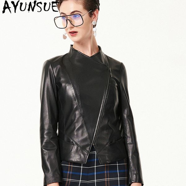

ayunsue real leather jacket women clothes 2019 korean fit streetwear genuine leather jackets short sheepskin motorcycle coat 226, Black