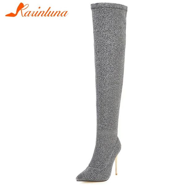 

karin ins female 2020 thin heels winter party boots flock pointed toe boots women thigh high shoes woman, Black