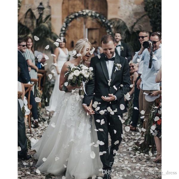 

custom made a line wedding dresses spaghetti tiered skirt backless white 3d floral sweep train bridal gowns vestido de noiva