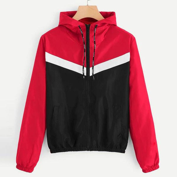 

windbreaker coats and jackets women long sleeve color patchwork thin hooded zip up hoodies jacket for women casual sport jaqueta, Black;brown