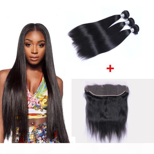 

бразильские straight человека virgin ткет волос 3bundles с кружевом фронтальным 13x4 уха до уха кружева фронтальная дважды утками натуральны, Black;brown