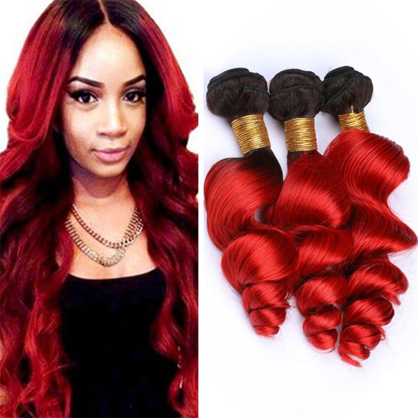 Black And Bright Red Ombre Virgin Hair Bundles Deals Loose Wave Wavy Dark Roots 1b Red Ombre Peruvian Human Hair Weave Wefts Extensions Human Hair